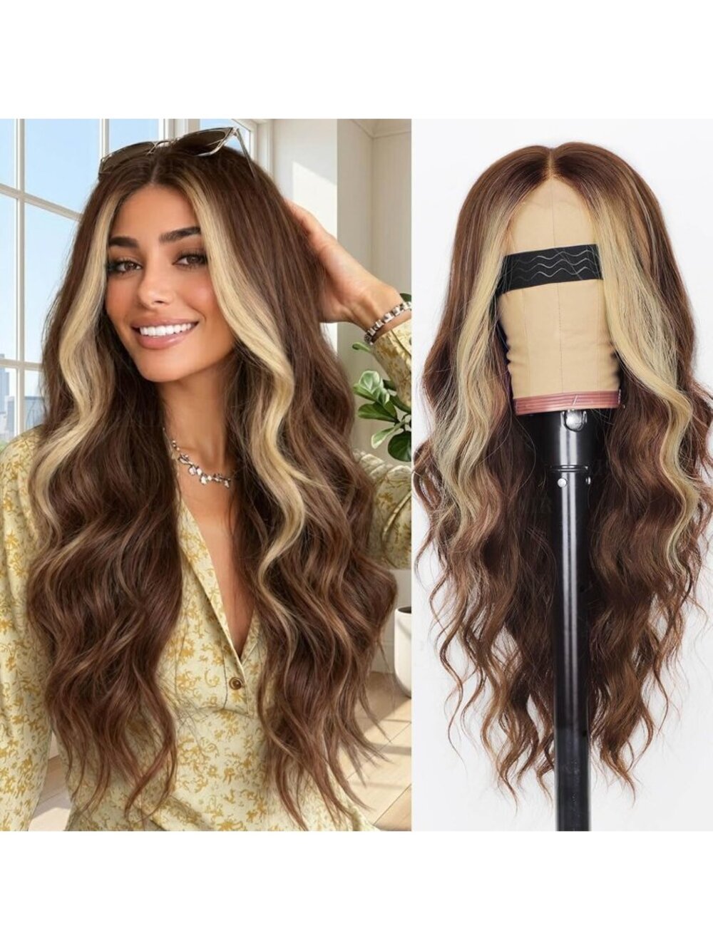 Women's Brown Blonde Lace Hairline 26 Inch Synthetic Heat Resistant Wavy Wigs